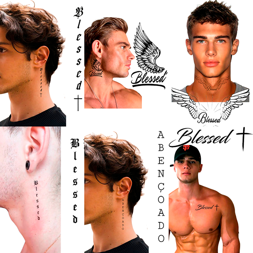 Tatuagem Temporária Blessed Abençoado Asa Rosa Anjo Pescoço