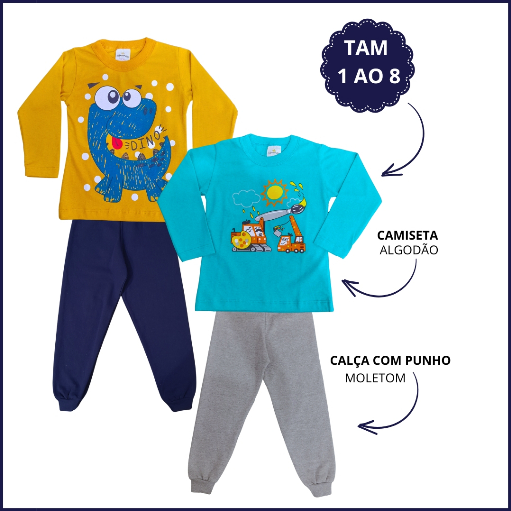 Kit 4 Peças Camiseta Manga Longa e Calça Moletom Conjunto Infantil Menino 1 ao 16