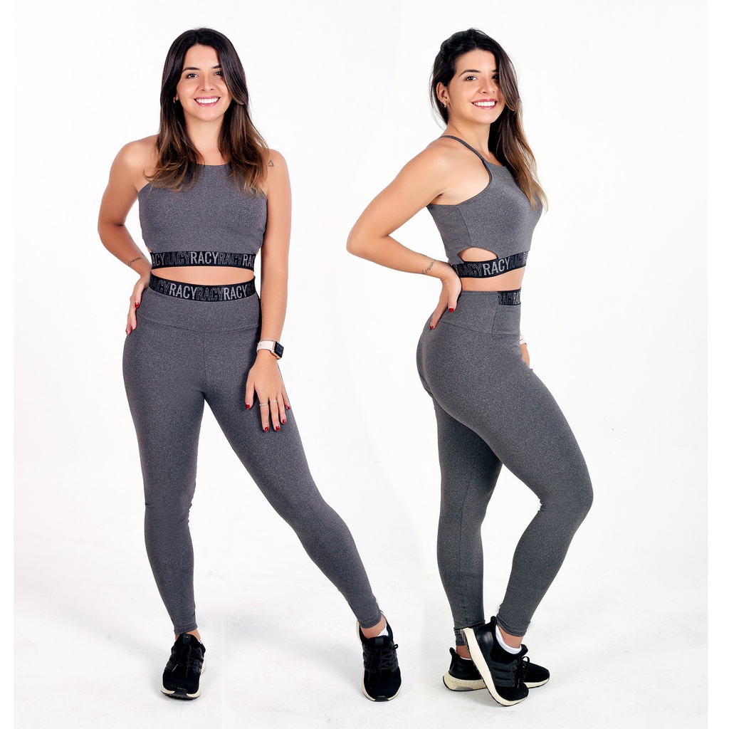Conjunto Fitness Calça Legging Cintura Alta e Cropped com Elásticos Racy Cinza Mescla