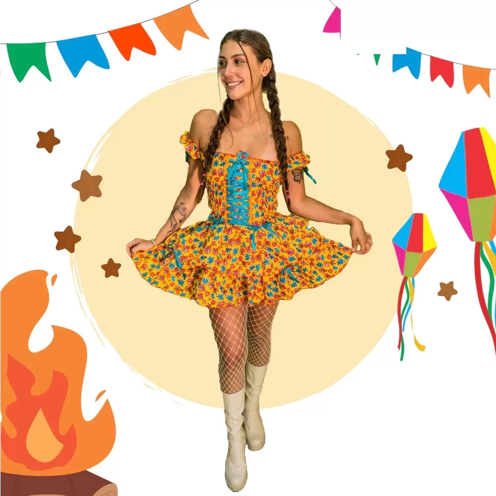 Vestido Cigana com babado Adulto Feminina Festa Junina Sao Joao Quadrilha Caipira 15