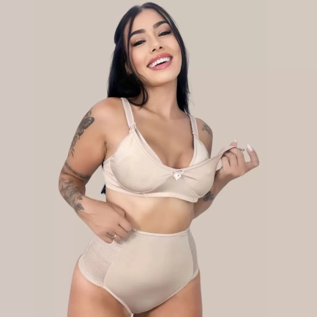 Conjunto Pós Parto Amamentação Calcinha Modeladora cós alto sutiã click fácil maternidade reforçado