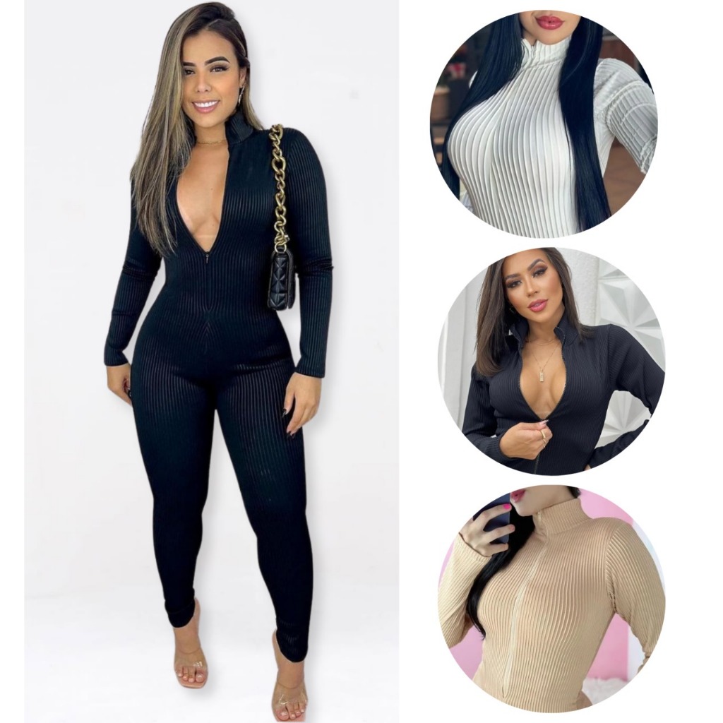 Macacão Feminino Longo Canelado 3D Premium Zíper Frontal Virgínia Moda Gringa Manga Longa e Calça