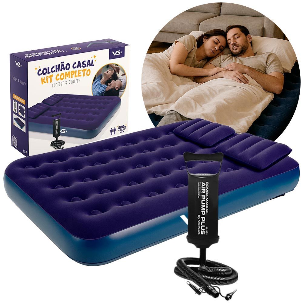 Colchão Casal Inflável com Bomba Manual e 2 Travesseiros VG Plus