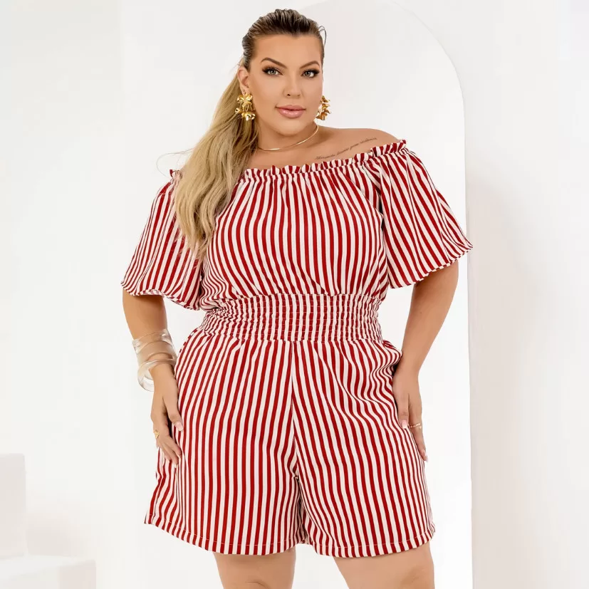 Macaquinho Feminino Plus Size Ciganinha Mangas Fluidas Elástico na Cintura Bolso Lateral Soltinho