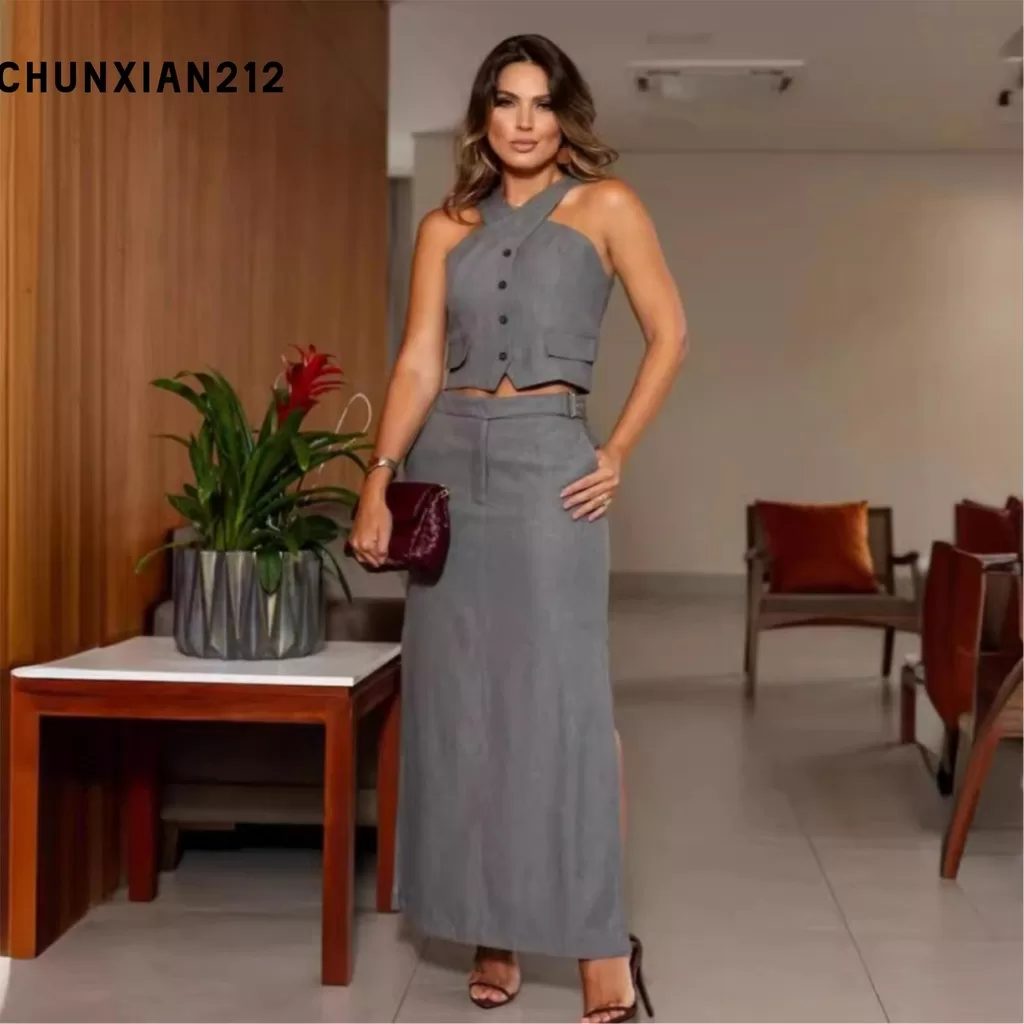 Yw  2 Pcs/Set Conjunto De Saia Colete Feminino Sem Mangas Com Um Só Peito Maxi De Cintura Alta De Fe