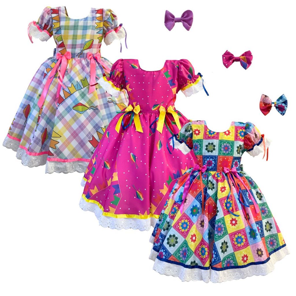Vestido Festa Junina Curto Quadrilha São João Flores Quadriculado Bandeirinhas