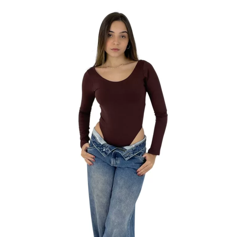 Body Feminino Costa Nua Manga Longa Asa Delta em S