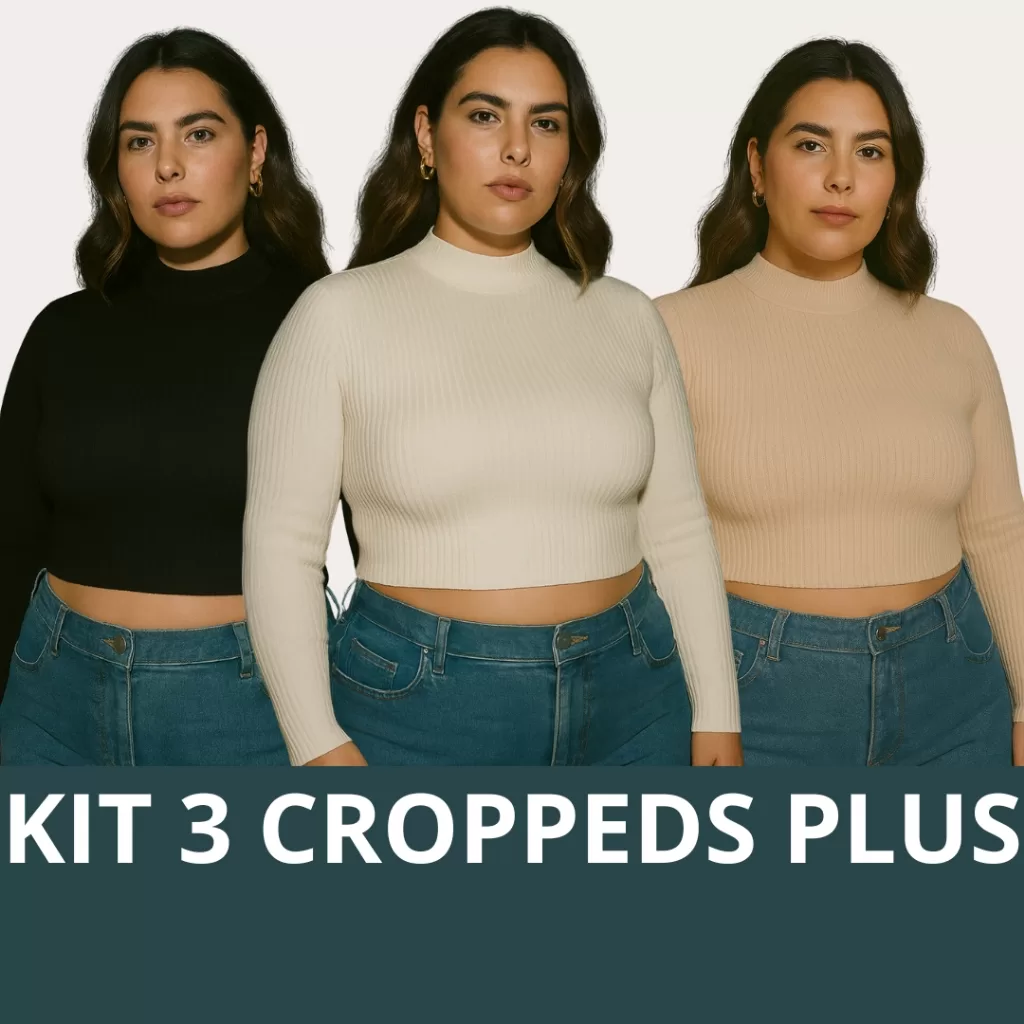 Kit 3 Cropped Plus Size Feminino Manga longa Canelado Gola Alta Estiloso