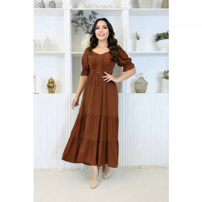 Vestido Longo em Viscolinho com Manga Princesa 3/4