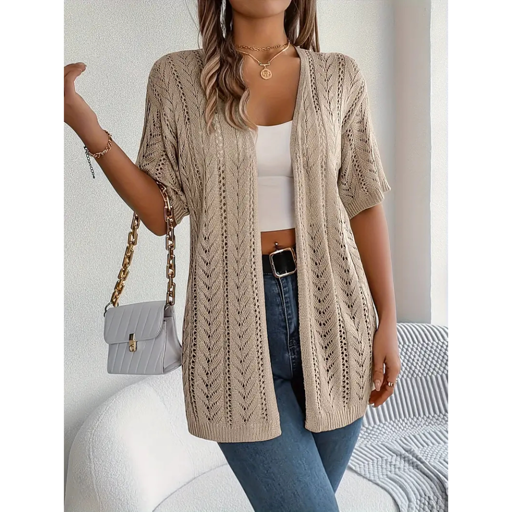 Cardigan Feminino Tricot Manga 3/4 Vazado Leve Atemporal Moderna Confortável Básico
