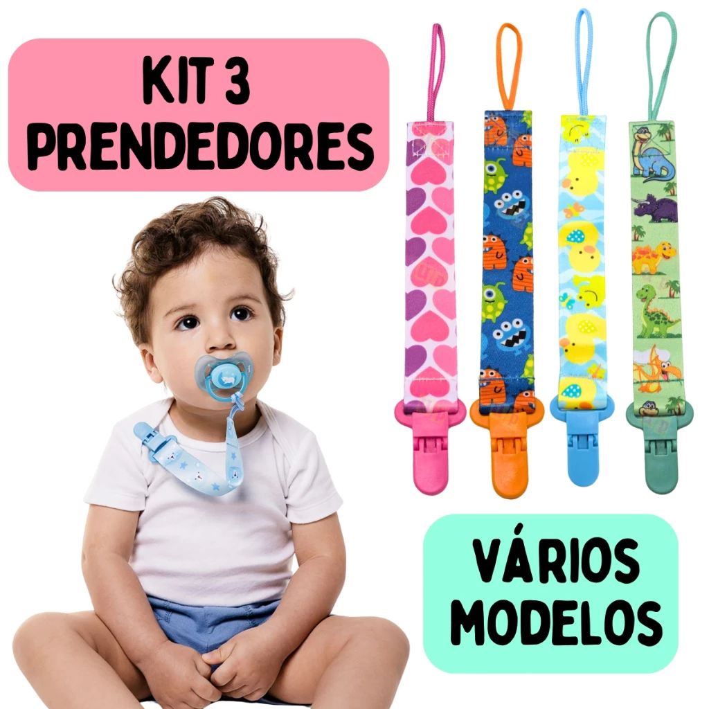Kit 3 Chupetas São Cortadas Com Fitas E Estampas Divertidas Fáceis De Prender , Itens Essenciais Par