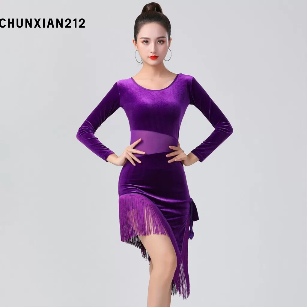 Qsuccua Novo Estilo Senhoras Dança Latino Adulto Coreana Veludo Sexy Costura Em Malha Tassel Traje D