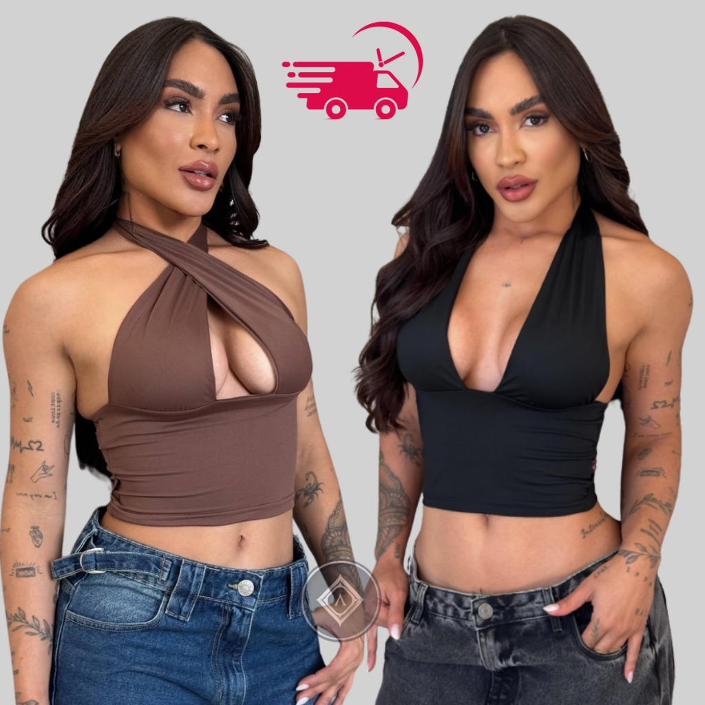 Blusa Cropped Com Amarraçao Multiforma Top Decote Festa Moda Gringa Decotado Suplex Premium Elegante