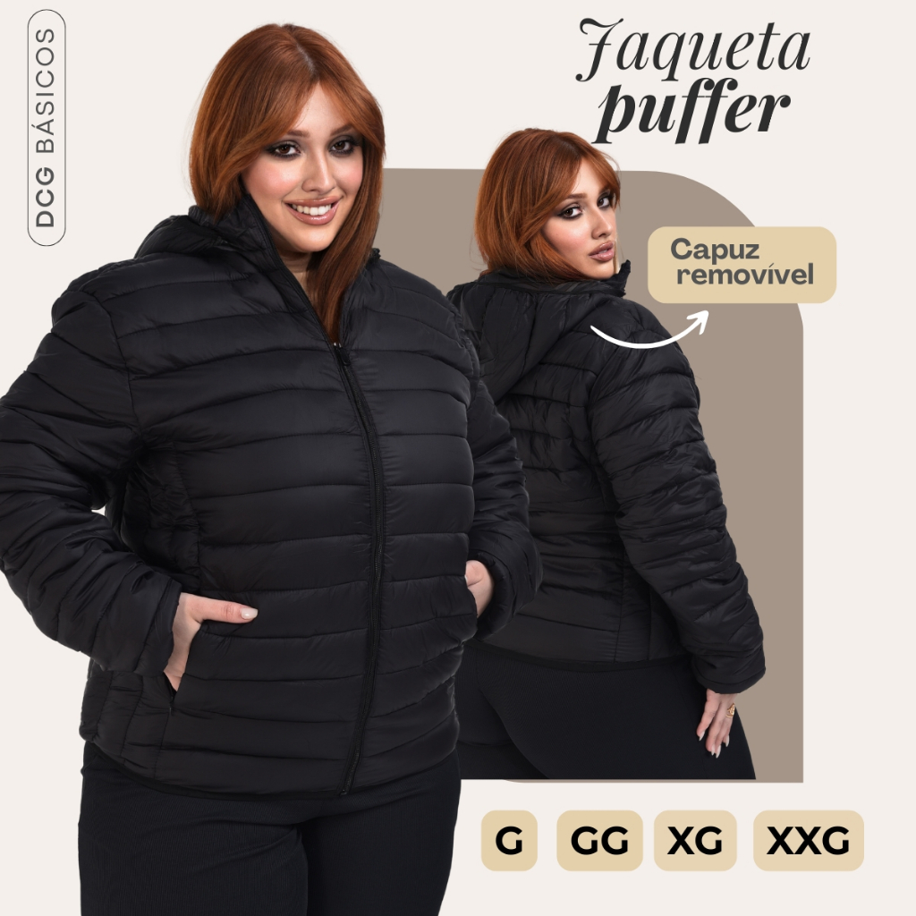 Jaqueta Puffer Feminina Impermeável Forrada Com Bolso e Zíper Reforçado Capuz Removível G ao XXG