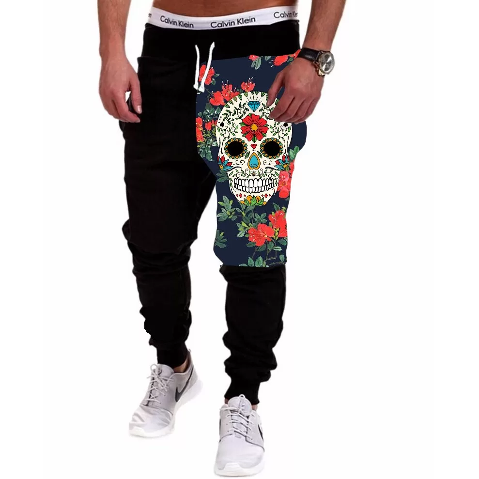 Calça Masculina de Moletom Estampada por Sublimação Caveira Rosa Fundo Floral A128