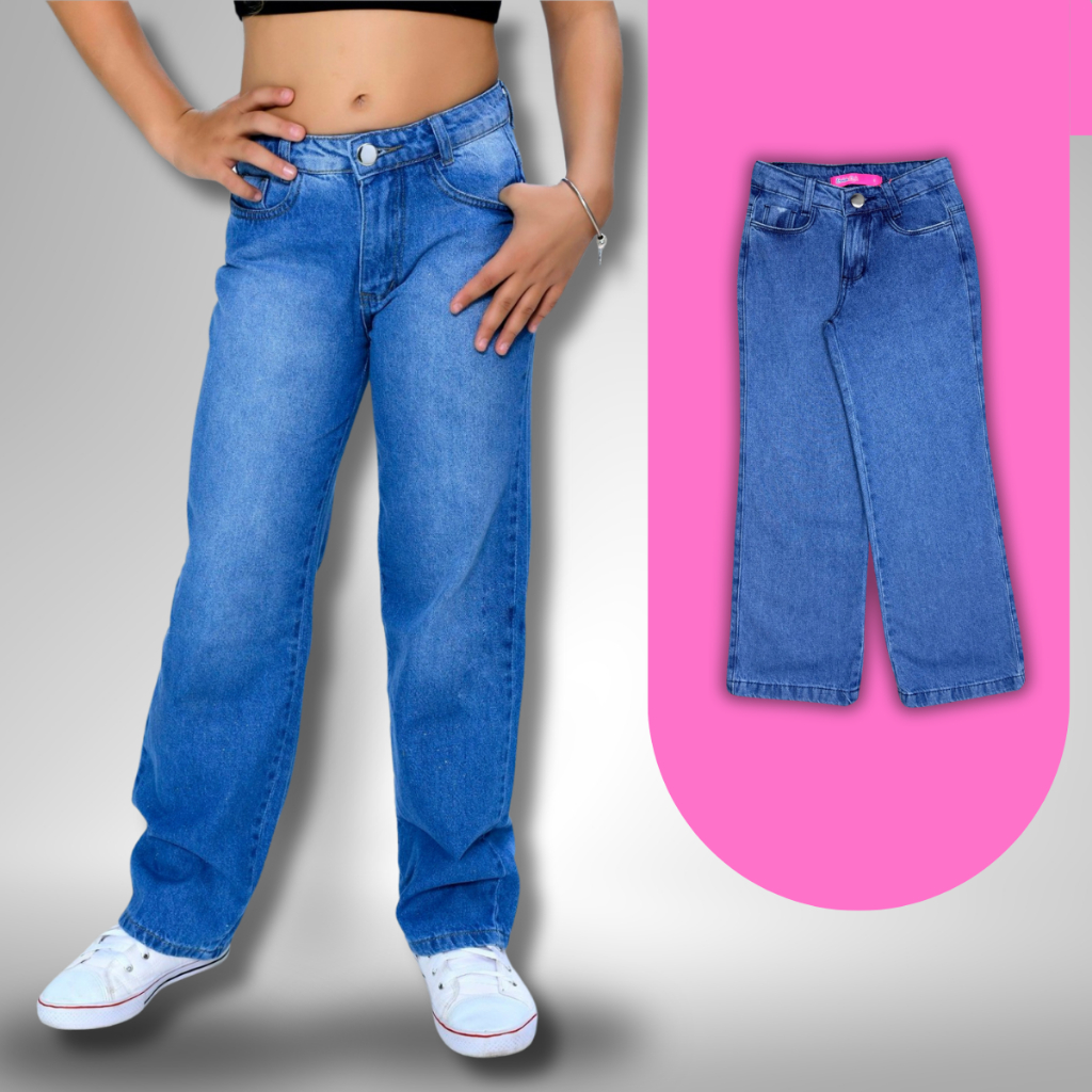 Calça Wide Leg Jeans Lisa Menina 2 a 16 anos Azul