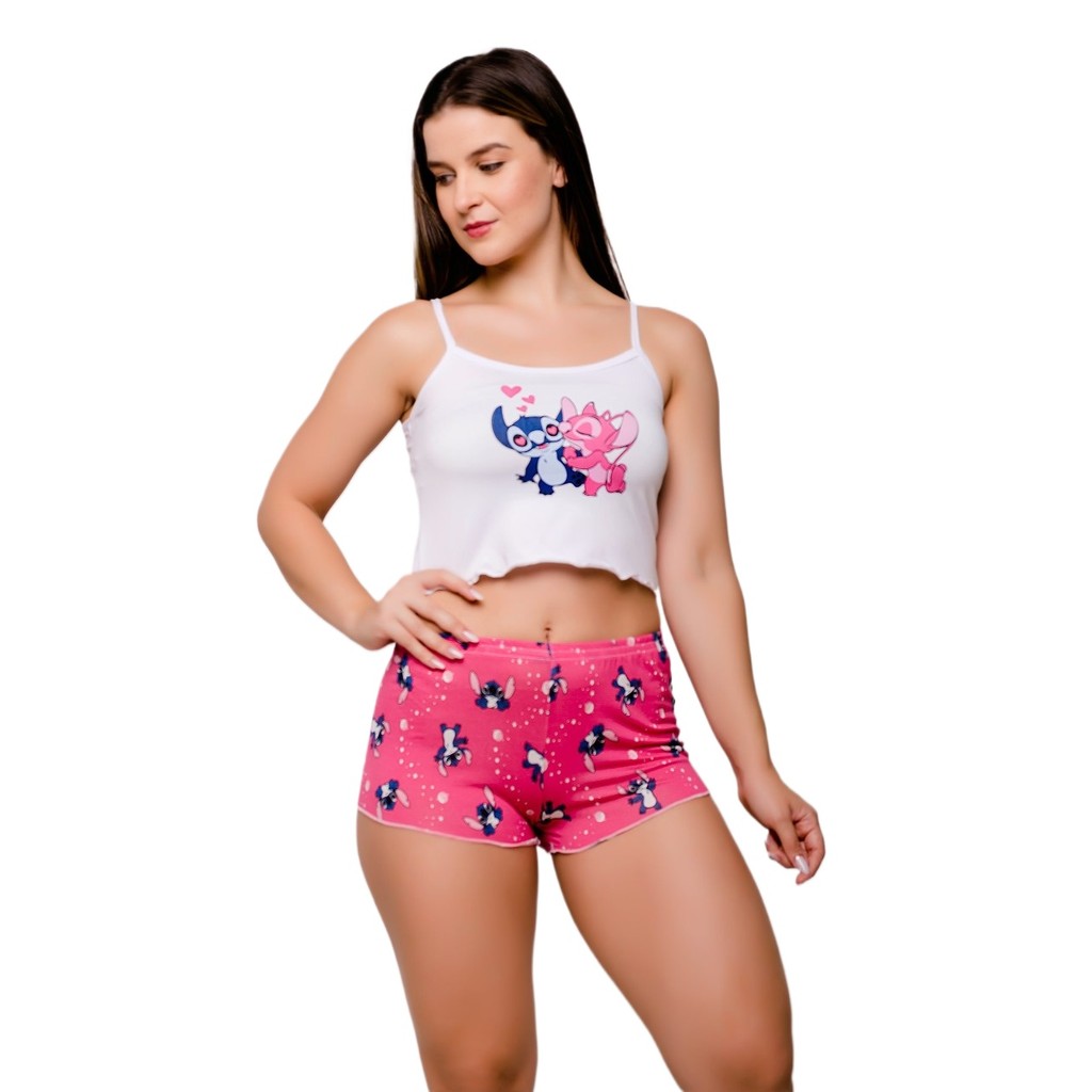 Baby Doll Stitch Estampado Cropped Pijama Feminino Confortável