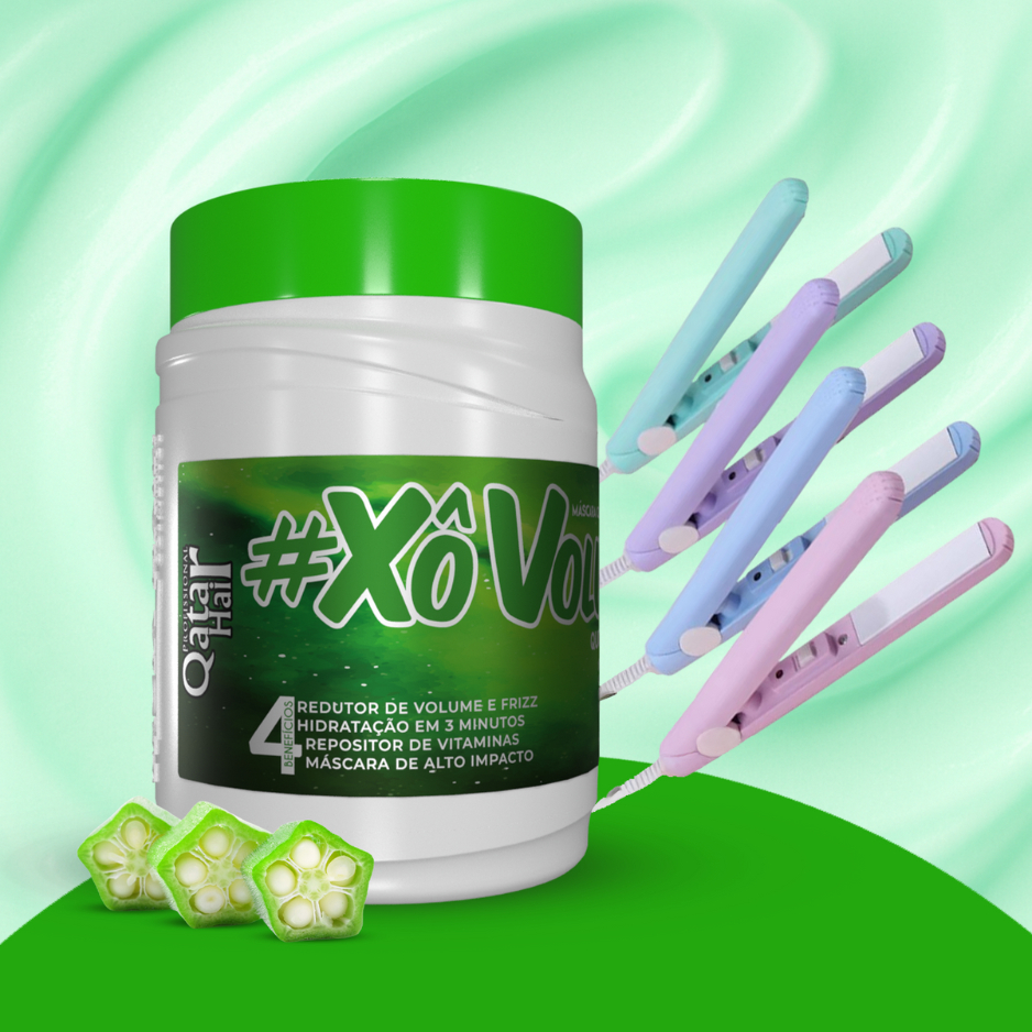 Xô Volume Quiabo e Bambu 1kg – Qatar Hair + Mini Prancha Portátil | Escolha a Cor da Prancha