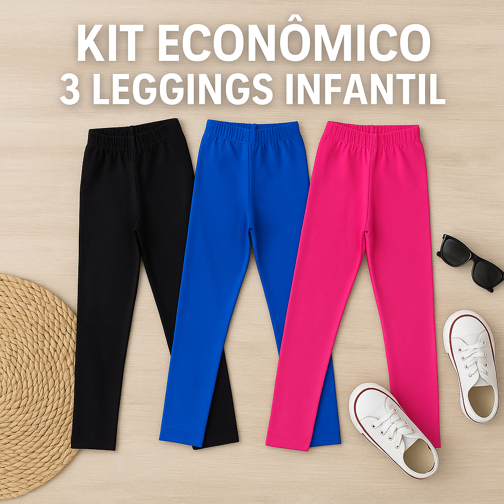 Kit 3 Calça Legging Infantil Menina Algodão Escolar Lisa Volta às Aulas Pink Preto Azul Royal Modern