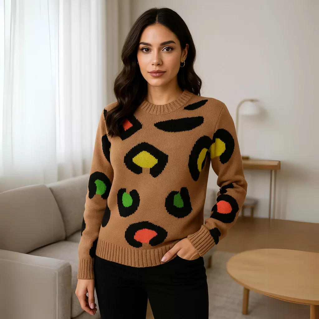 Blusa Tricot Feminina Manga Longa Estampa Animal Colors Moderna Look Confortável