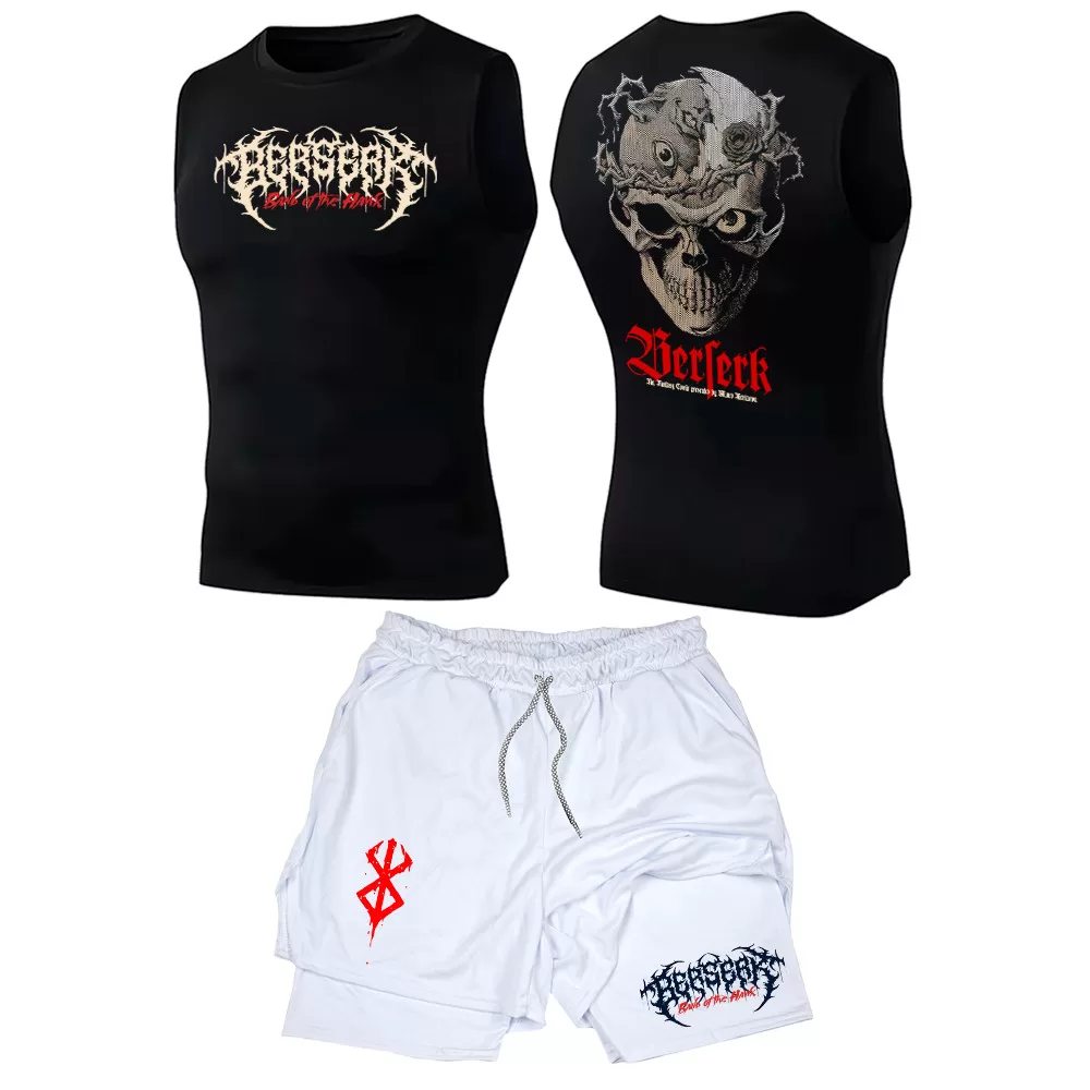 Kit Academia Regata Compressão E Short 2 em 1 Compressão Bersek Skull Dark Anime Manga Geek Gym