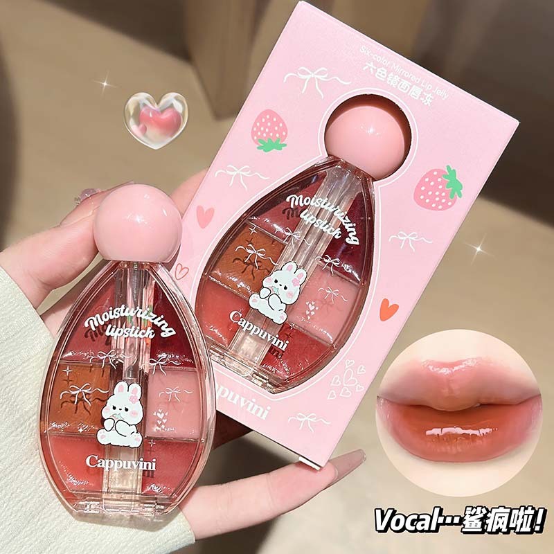 Brilho labial espelhado de seis cores, brilho labial de vidro cosmético