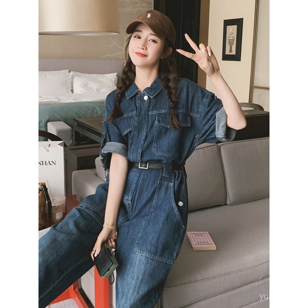 Womens Denim Overalls Jumpsuit2023Summer New Style Petite High-Waisted Slimming Design Wide-Leg Jump