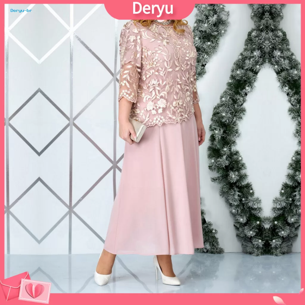 Pleated Waist Dress Plus Size Long Floral Embroidered Lace Maxi Elegant O Neck Fake Two-piece Loose