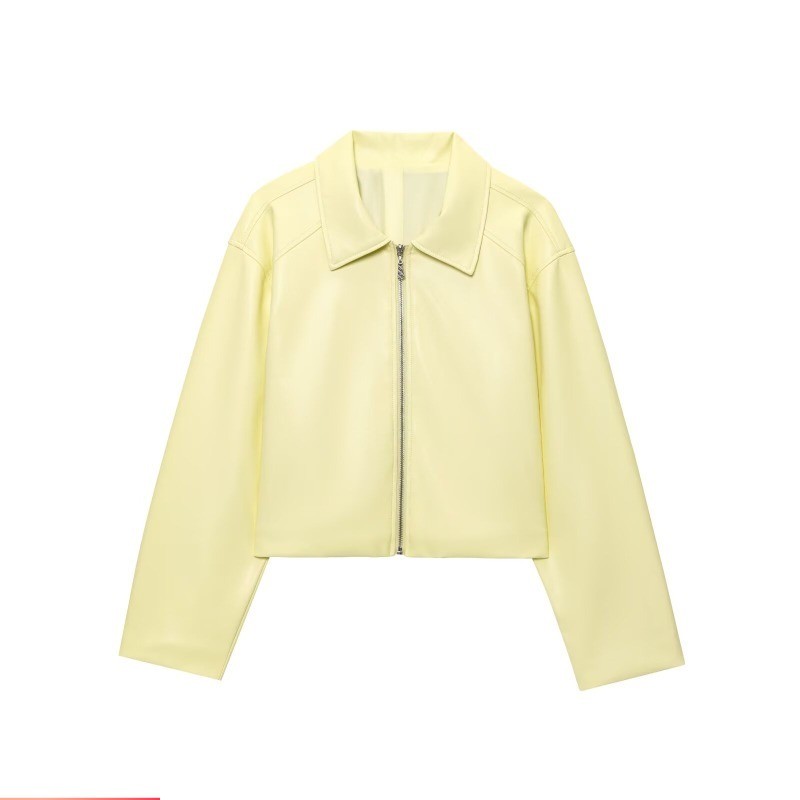 Estilo europeu americano feminino Retro creme amarelo lapela zíper manga longa jaqueta de couro do p