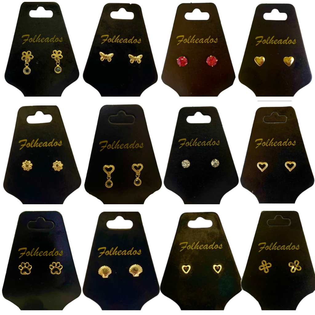 Brincos Femininos Pequenos Folheados a Ouro 18k Kit 10 Pares Sortidos Revenda Atacado Top Promoção
