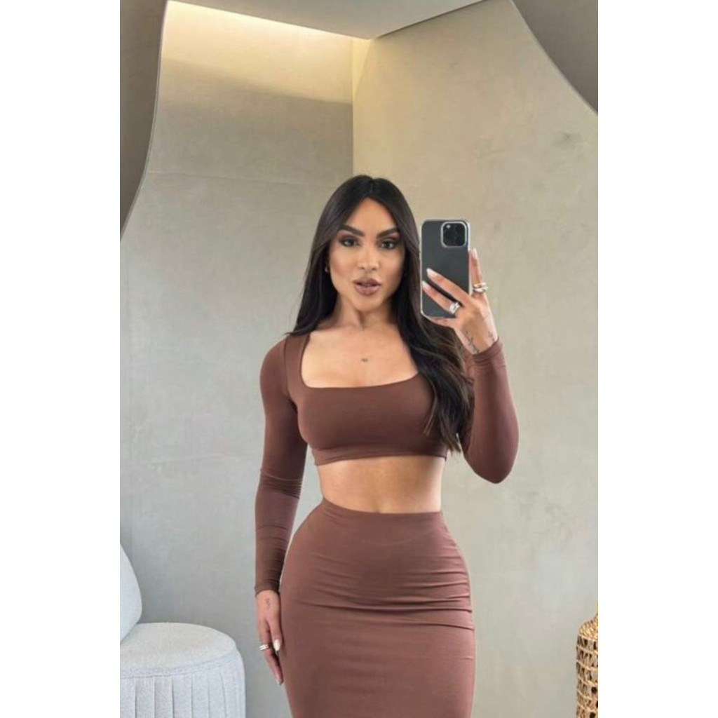 Conjunto Cropped Manga Longa Saia Midi Tubinho Sensual
