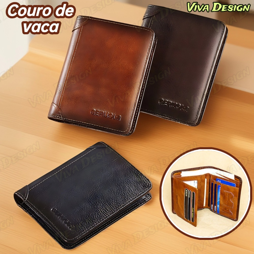 Carteira Antifurto Masculina De Couro Legítimo Vintage De Trifold E Bifold À Escolha