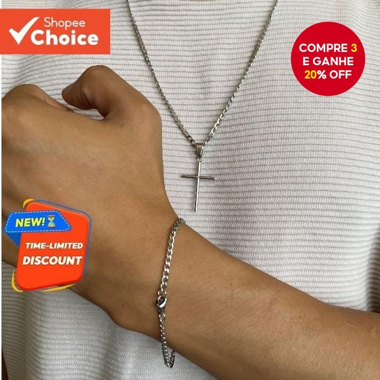 Conjunto De Colar E Pulseira Cruzada De Aço Inoxi