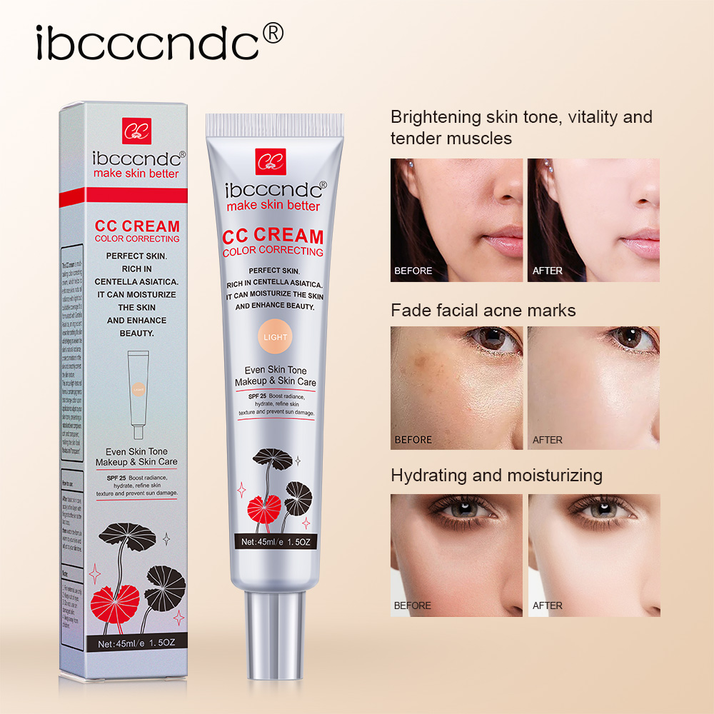 Creme Facial CC Corretor de Cor com Centella Asiatica, BB Cream Reparador e Base Líquida Clareadora