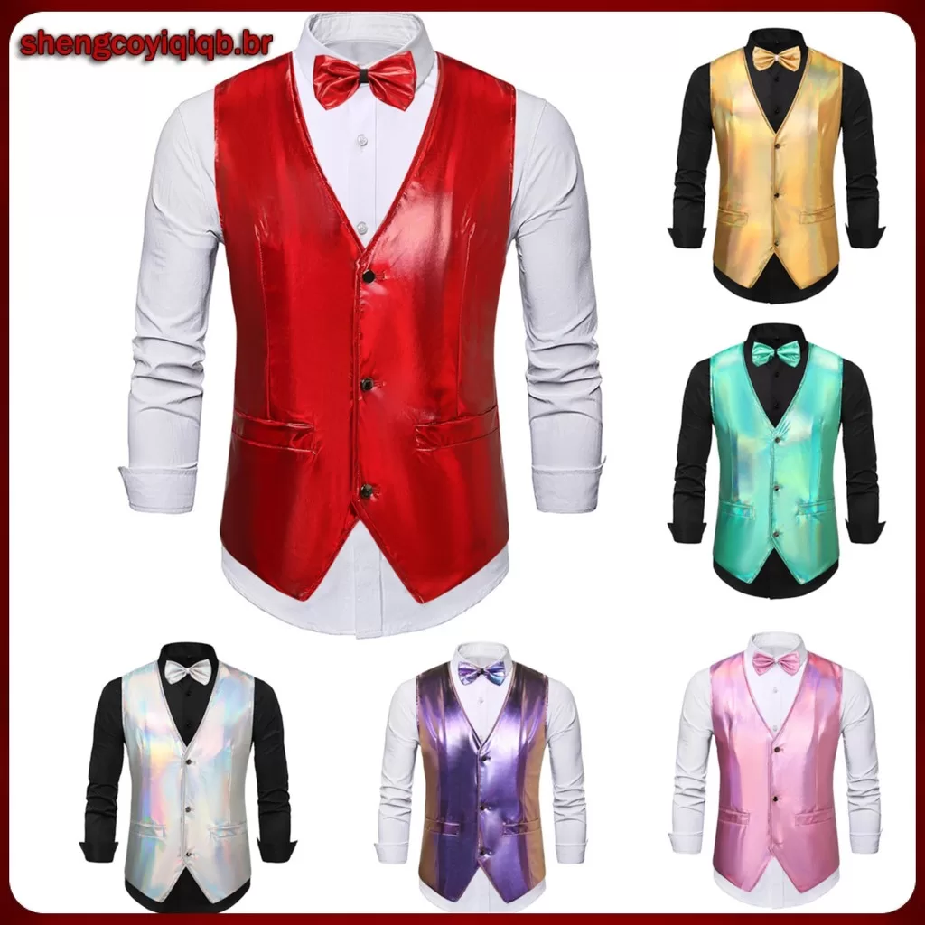 Colete Social Masculino Retrô Metálica Sem Manga Slim Fit Ajustável para Clube Festa- 6 Cores Promoç