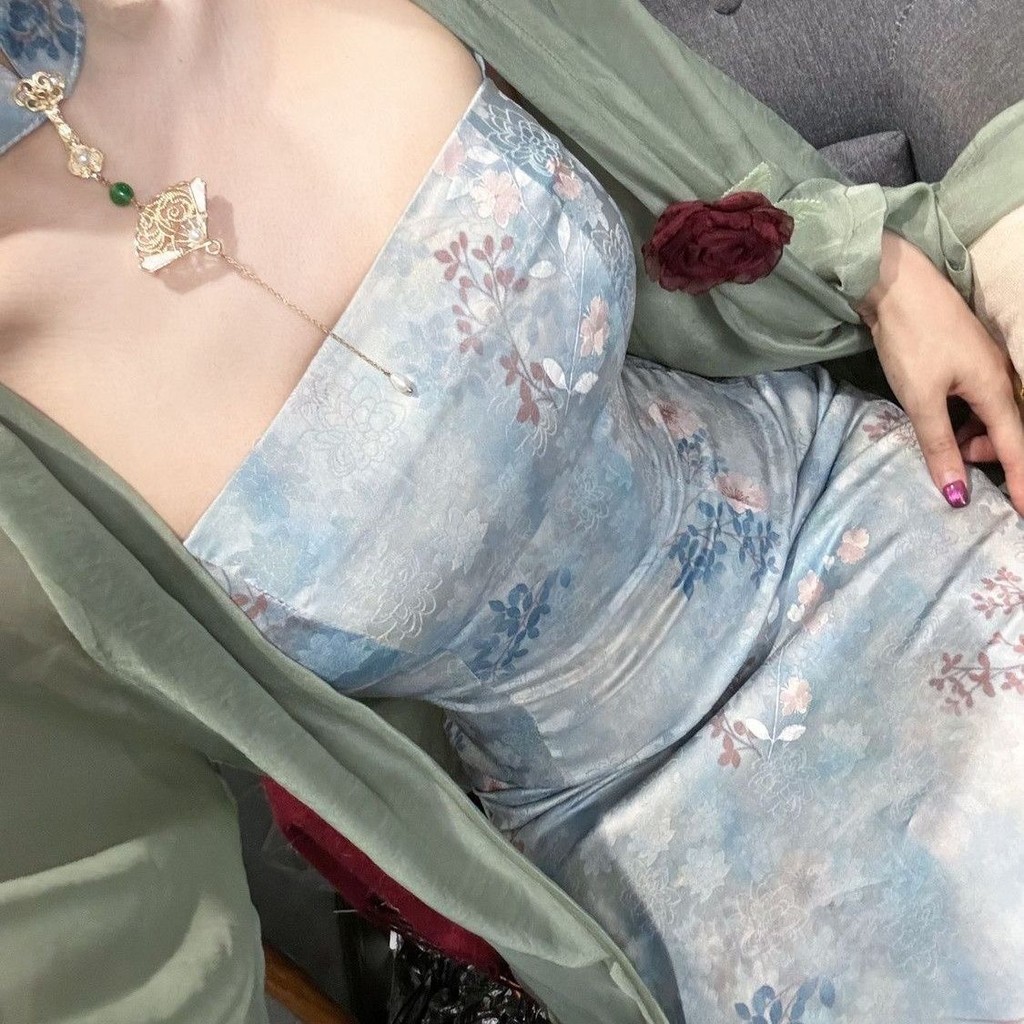 2025 novo estilo novo estilo chinês estilo chinês elegante suave frio estilingue vestido azul ponte