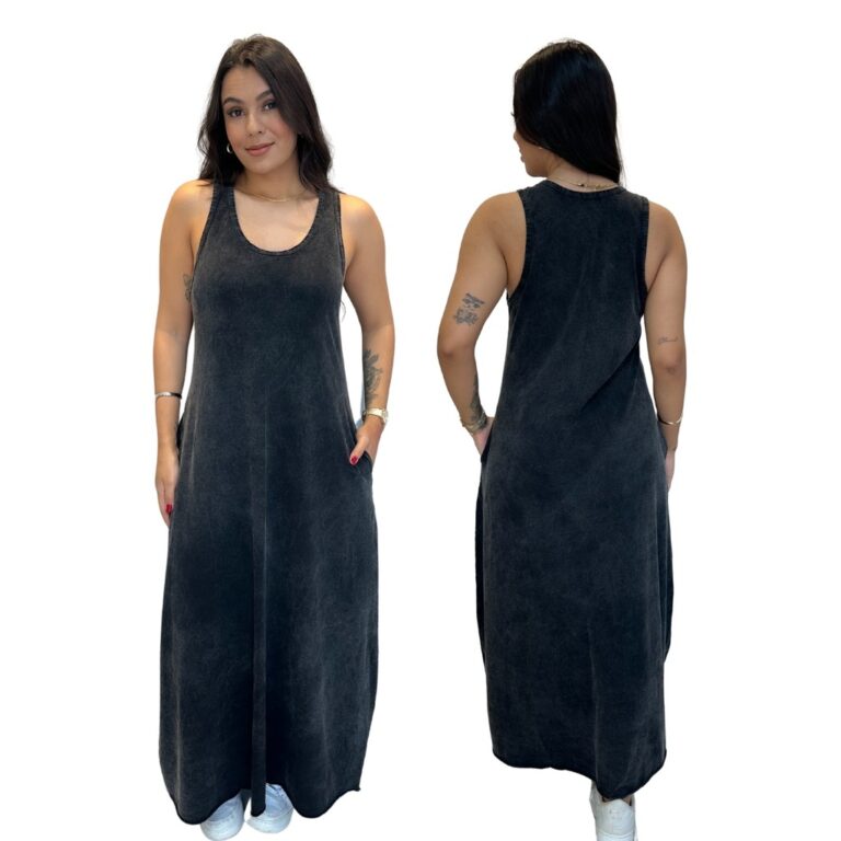 Vestido Regata Longo Estonado com Bolsos 100% Algo