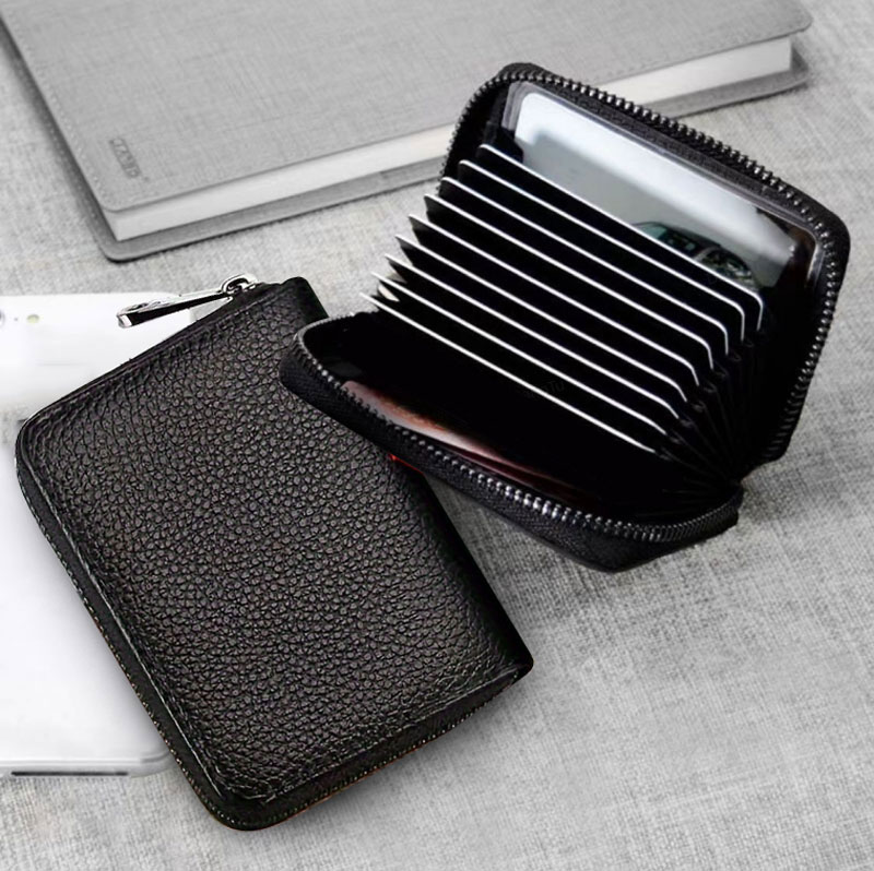 Carteira Masculina Estilosa De Couro Sintético – Porta Cartões Preto Com Zíper E Compartimento Trans