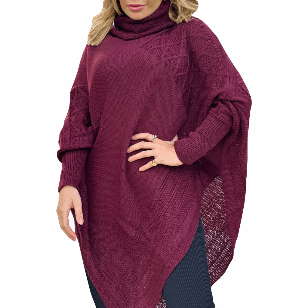 Tricô Grosso Casaco Poncho Estilo Pala (capa) Gaúcha – Feminino Lindo – Moda Inverno Cor Marsala