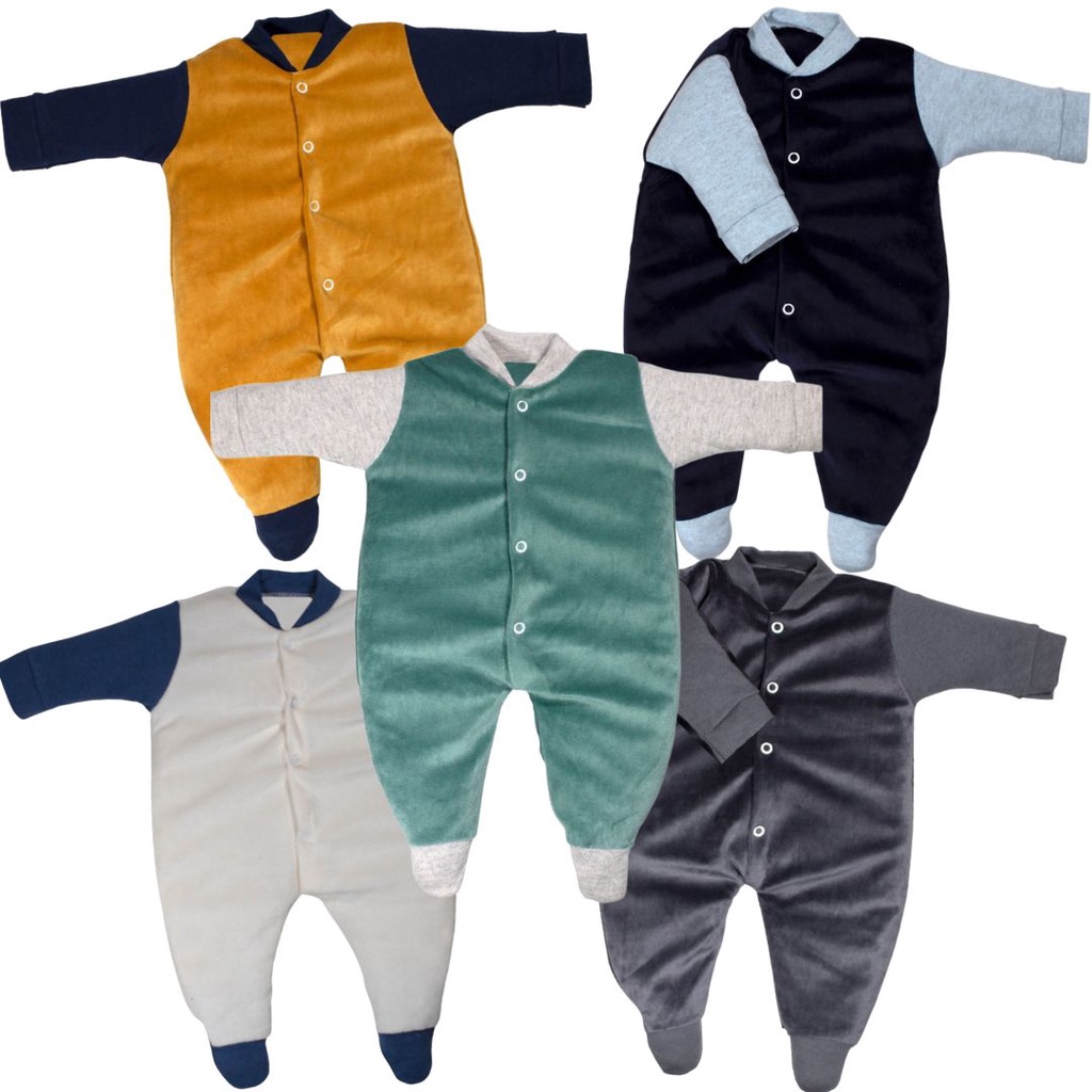 Kit 4 Peças Macacão Bebe Plush Liso Inverno Veludo Macio Menino