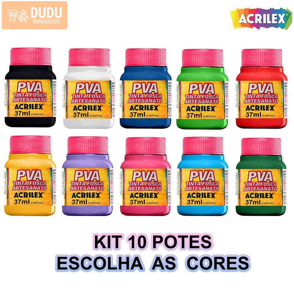Tinta P/ Artesanato Pva 37ml FOSCA – Kit Escolha 10 Cores Pelo Chat – Acrilex