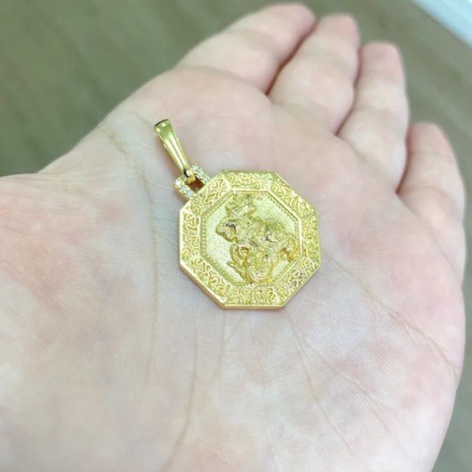 Pingente Masculino de Ouro São Jorge Detalhado Em