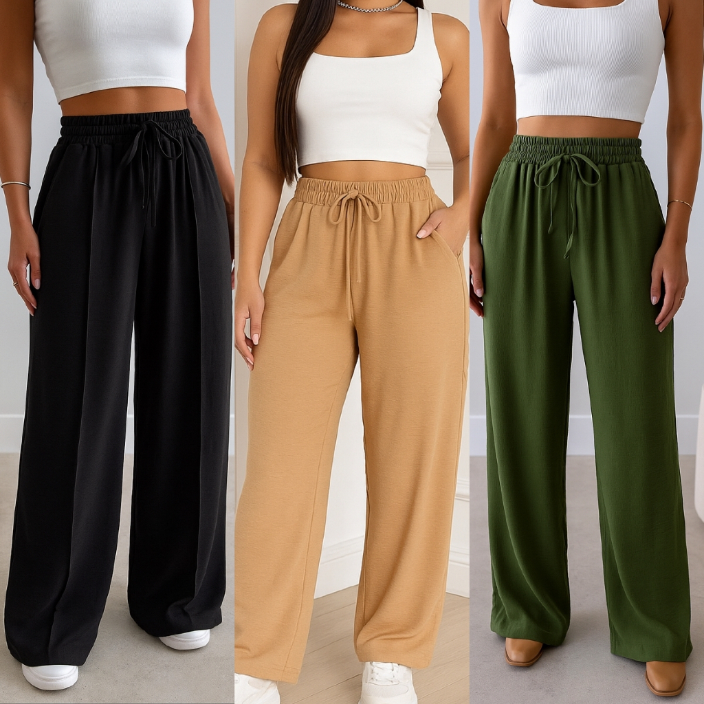 Calça Pantalona Feminina Cintura Alta Tecido Duna