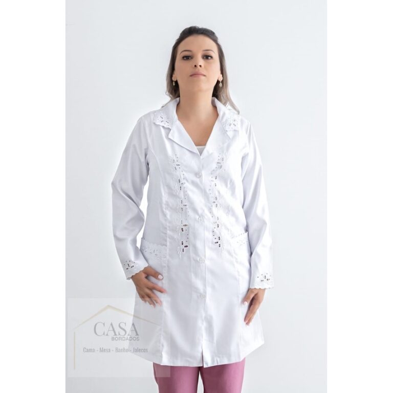 Jaleco Feminino Branco Bordado Tecido Microfibra 9