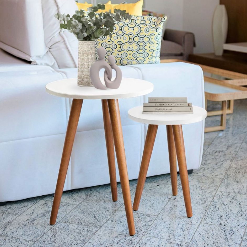 Conjunto de Mesa Canto Pe Palito Madeira Tripe Porta Quadros E Objetos Branco Ou Preto