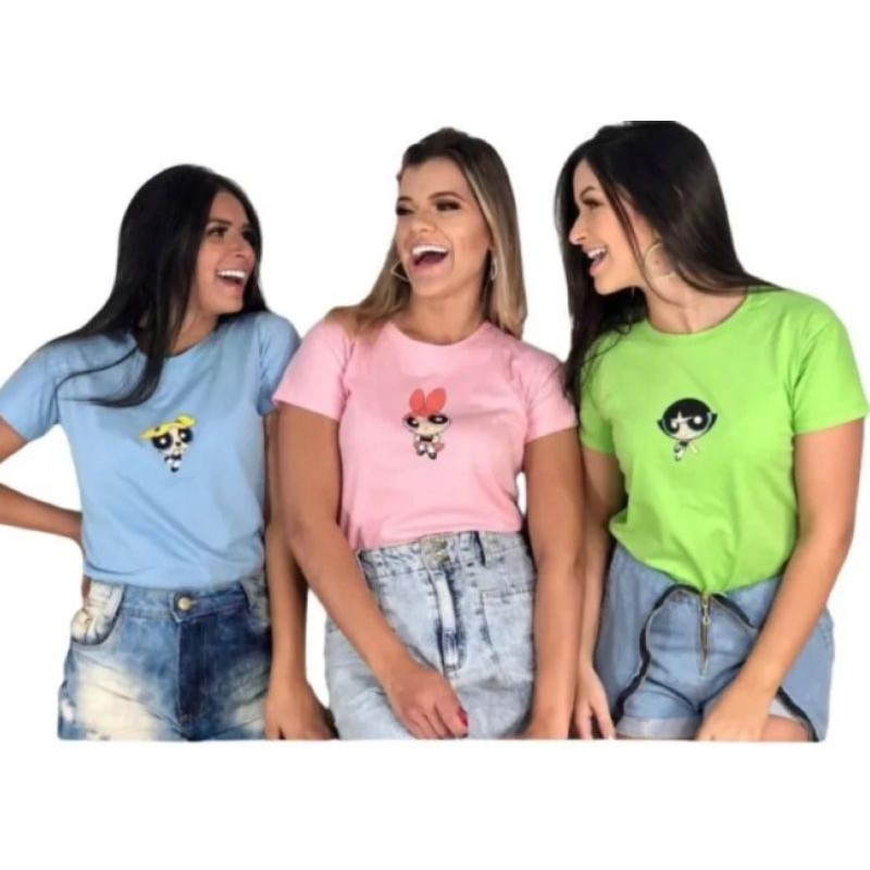 Camiseta Meninas Super Poderosas Lançando 2021 babylook blusinha rosa verde azul