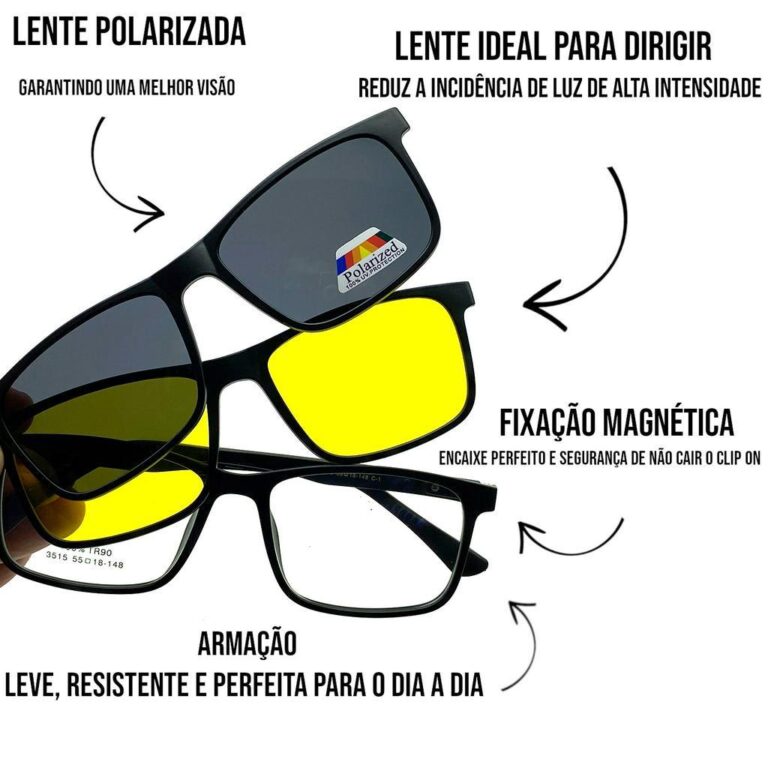 Armação de Óculos e Clip On Solar 3 em 1 preto 