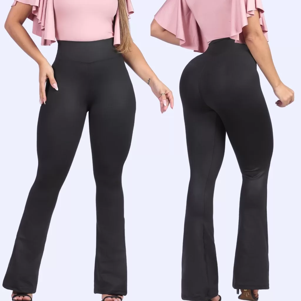 Calça Legging Leg Flare Preta Suplex de Cintura Alta Boca de Sino Cós Alto Feminina P ao GG