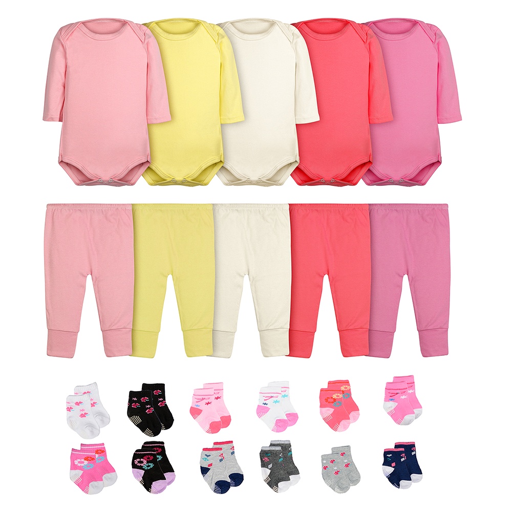 Body Bebê Calça Mijão e Meias Kit 22 Peças Manga Longa Feminino Roupinha de Bebê