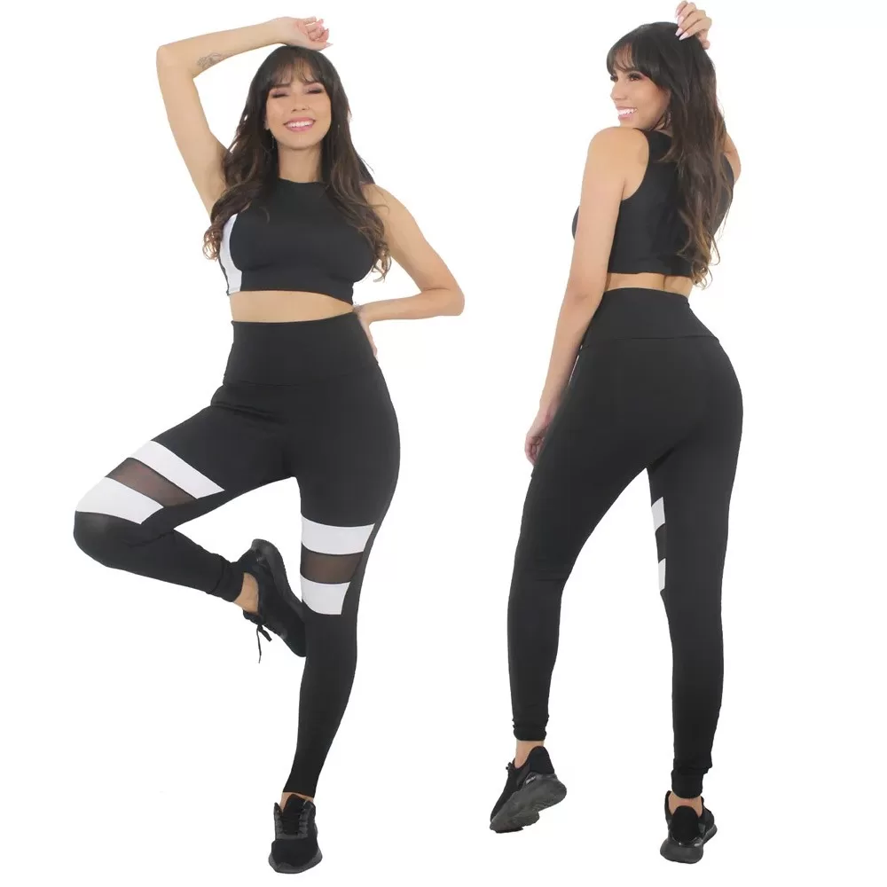 Conjunto Calça Legging Fitness Academia Cintura Alta Preto e Branco Com Tela Dry